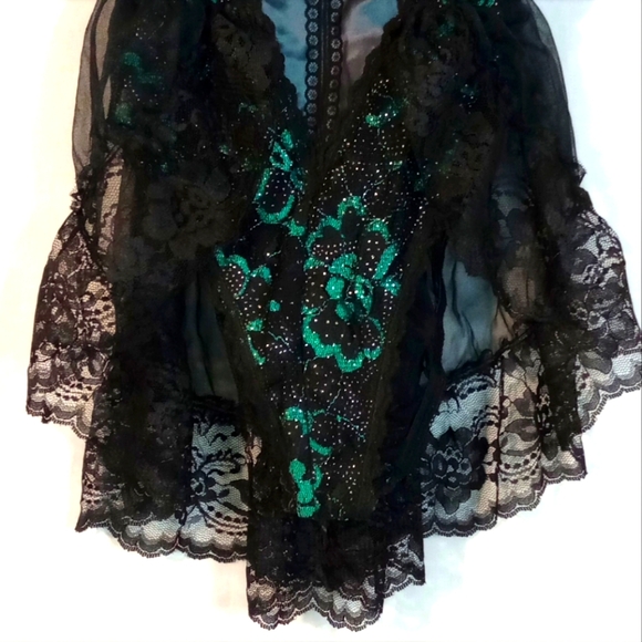 Vintage Nani Flower 80's Nylon lace teddy bodysuit size small green black floral - Picture 3 of 8